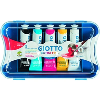 Imagen de GIOTTO Extra Fine, Témpera Quality, con 1 pincel y tapa extraíble, Tubo 21ml, Colores Primarios, 5 unidades