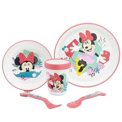 Imagen de Vajilla infantil reutilizable antideslizante con base de silicona bicolor compuesto plato, cuenco, vaso y cubiertos en caja Minnie Mouse