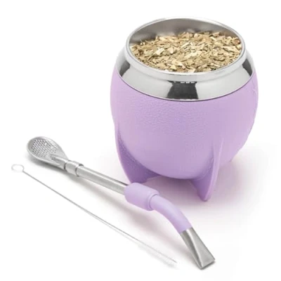 Imagen de balibetov Mate Argentino Set elegante y duradero con un Vaso Torpedo de Acero Inoxidable, Bombilla Cepillo Limpieza (Lila)