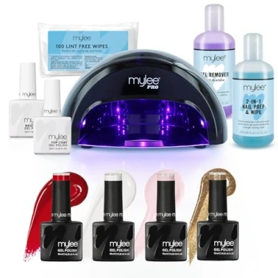Imagen de Mylee Kit de manicura profesional, 4 Colores esmalte en Gel semipermanente, Capa superior y base, Lámpara uñas LED, Solución Prep &amp; Wipe, Remover Solvente, 100x Toallitas sin pelusa