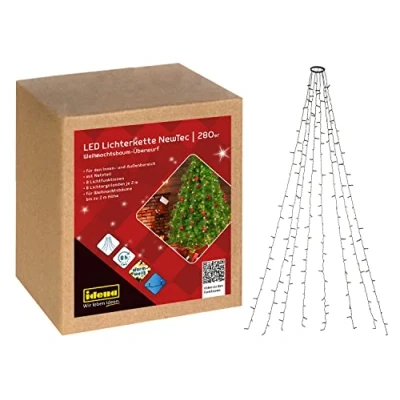 Imagen de Idena 31108 NewTec LED fairy lights para interior y exterior con 280 en blanco cálido, árbol de Navidad 8 cuerdas, ajustes luz, fuente alimentación temporizador horas