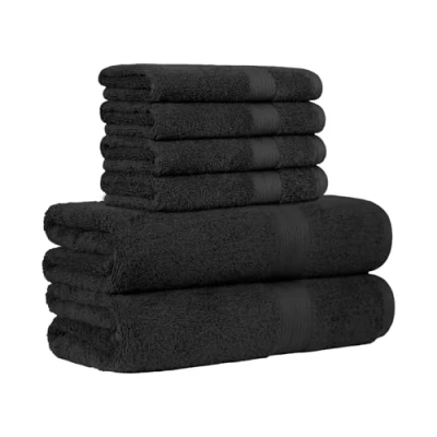 Imagen de Amazon Basics paquete de 6 Toallas baño resistentes a la decoloración para baño, 100 % algodón, suaves y absorbentes, 2 4 mano, Negro