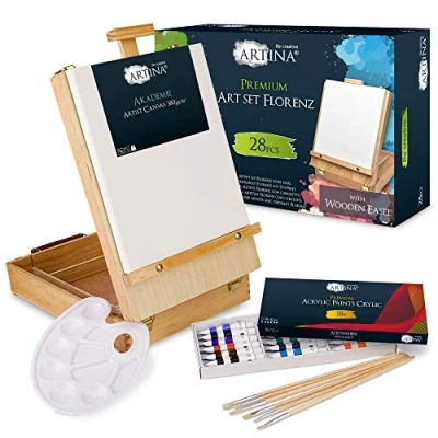 Imagen de Artina Set de pintura con 28 piezas en maletín arte Florenz 18 pinturas acrílicas à 12 ml, bastidor, pinceles y más Kit Premium caballete madera plegable