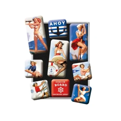 Imagen de Nostalgic Art Juego de Imanes Retro Pin Up Ahoy Idea Regalo para Hombres, Decoración la Nevera, Diseño Vintage, 7x9.3x2 cm, 9 Unidades