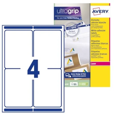 Imagen de Avery España L7169 15 etiquetas adhesivas blancas ideales para envios paquetes, imprimibles, medida 99,1x139mm, Caja de 60