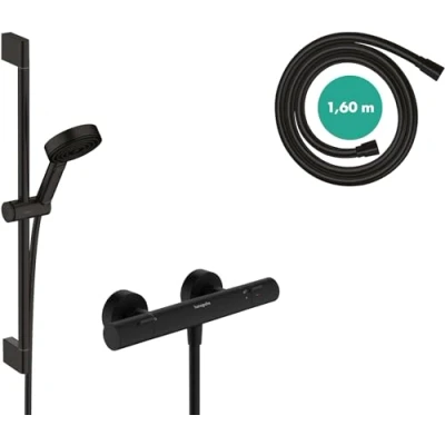 Imagen de hansgrohe Pulsify Select S, set de ducha ahorro agua con termostato para Ecostat Fine, mano 8,2 l/min (EcoSmart), barra 65 cm, flexo ducha, soporte, negro mate, 24262670