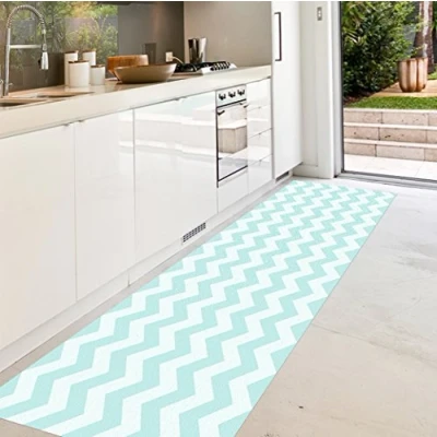 Imagen de VINILIKO, Alfombra de vinilo, Chevron, Turquesa y Blanco, 66x150 cm