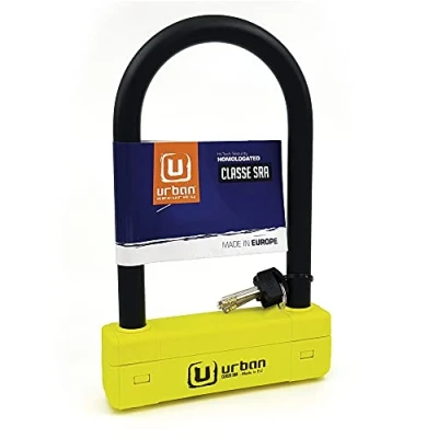 Imagen de URBAN UR120220 Candado Moto U Máxima Seguridad Homologado SRA, Horquilla ø18 Acero Endurecido Doble Bloqueo, Más Visible, lock Antirrobo 120x220mm Compacto para Neumático Motocicleta, Scooter