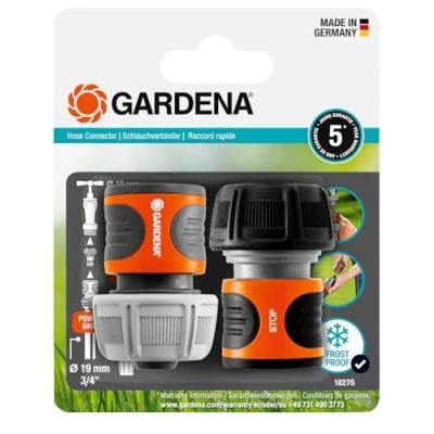 Imagen de Gardena Set de conexión 19 mm (3/4 pulgadas): para el inicio y final la manguera, apta todas las piezas originales del sistema Gardena, a prueba rayos UV heladas (18275 20)