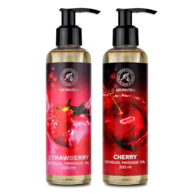 Imagen de Aceite de Masaje Sensual Set 2x200ml Fresa y Cereza con Aceites Naturales Almendras Semilla Uva Corporal para Él Ella Relajación