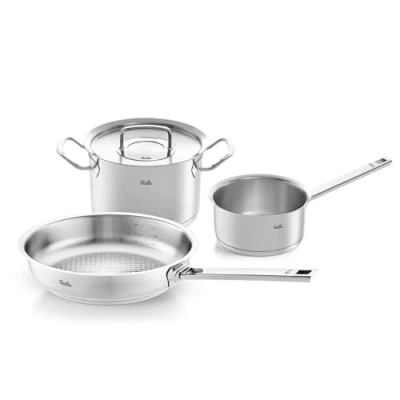 Imagen de Fissler Original Profi Collection Juego de ollas acero inoxidable, 3 piezas, 1 olla con tapa metal, sartén sin revestimiento, cazo tapa, inducción