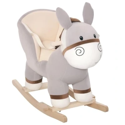 Imagen de HOMCOM Caballito de Balancín en Forma Asno Caballo para Bebé +18 Meses con Manillar Cinturón Seguridad y Reposapiés Felpa Suave 61x34x58 cm Gris