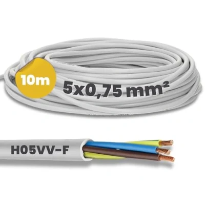 Imagen de Kalitec H05VV F cable de manguera (10 m, 5 x 0,75 mm², alimentación 5G0,75 con conductor protección, PVC para interiores, eléctrico blanco, lámpara flexible,