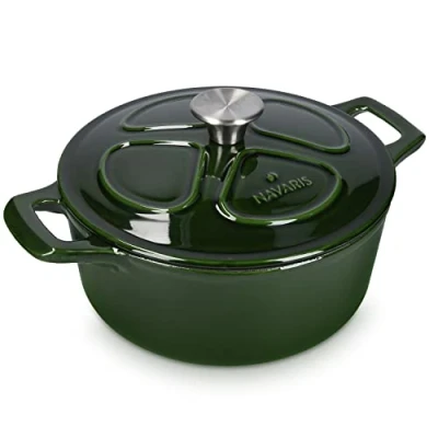 Imagen de Navaris Cazuela de Hierro Fundido con Tapa Cacerola Cocotte y Asas 3,5 L Apta para Horno e Induccion Olla Holandesa Redonda Dutch Oven 24 cm