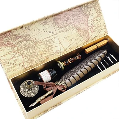 Imagen de GC QUILL Set Plumas de Caligrafía Vintage con 5 Plumines Adicionales y Tinta, Soporte para Bolígrafos Sello Cera Arte, Escritura, Firma, Decoración, Regalo LL66