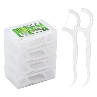 Imagen de Hilo Dental 200 Piezas con Mango y Mondadientes, Palillo de Dientes Plástico, Floss Sticks para Cuidado Interdentales 4 Cajas Portatiles 50pcs/ Paquete