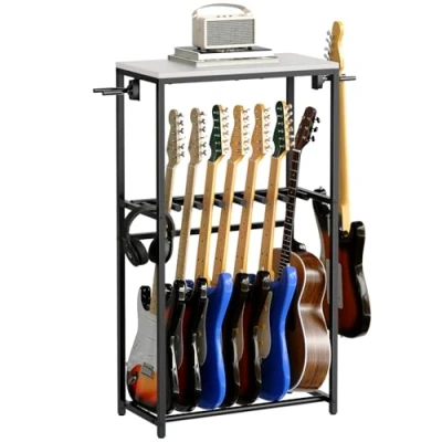 Imagen de MAHANCRIS Soporte de Guitarra, Estantería para 7 Guitarras Dos Niveles, Guitarra Acústica, Eléctrica, Bajo, Ukelele, Banjo, Revestimiento Protector EVA, Blanco AGSHW6701