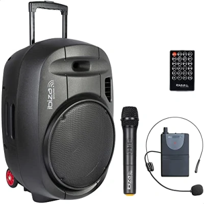 Imagen de Ibiza PORT15UHF MKII TWS Altavoz portátil 15&quot;/800W MAX con 2 micrófonos (UHF), Mando a Distancia y Funda Protectora Bluetooth, USB, SD &amp; 6 8h de autonomía