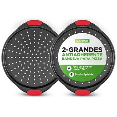 Imagen de NutriChef Bandejas para pizza, Set de 2, 13, Mango silicona, Redonda antiadherente, Acero con agujeros perforados