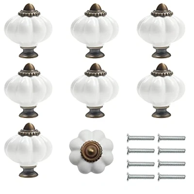 Imagen de Kurtzy Pomos para Cajones Calabaza Blanco y Bronce con Tornillos (Pack de 8) 3,4 x 3,8 cm Tiradores Vintage Muebles en el Hogar Oficina Blancos Gabinete Cocina, Alacena