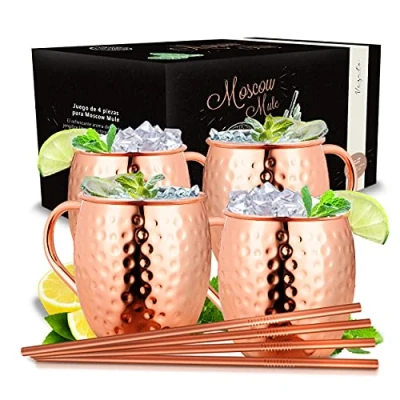 Imagen de Vezato Moscow Mule Mugs [500ml] Taza de cobre martillado con sorbete Juego cóctel hecho a mano [4 piezas] 4 Tazas inoxidable para Mula Moscú