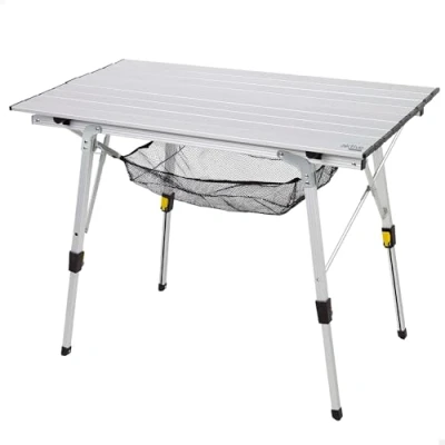 Imagen de AKTIVE Mesa Plegable, 90 x 51 45/70 cm, Patas telescópicas, Topes Antideslizantes, Tablero y Estructura de Aluminio, Soporta 30 kg, Malla extraíble, Camping, Playa, Picnic (63052)