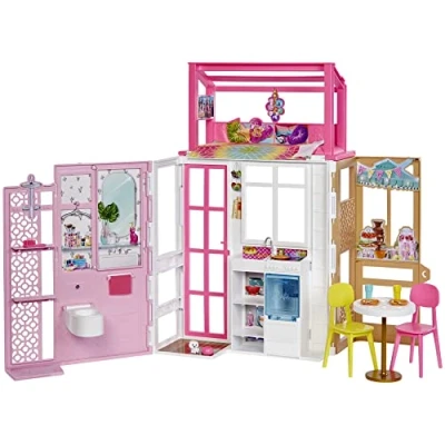 Imagen de Barbie Casa de 2 Pisos con muñeca Rubia y Accesorios Juguete, Regalo para niñas niños +3 años (Mattel HCD46)