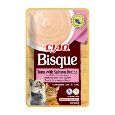 Imagen de INABA Churu Bisque Puré para Gatos Snacks Receta Atún y Salmón Premios Saludables Sin Cereales, Conservantes, Colorantes Sólo 16 Calorías 40g