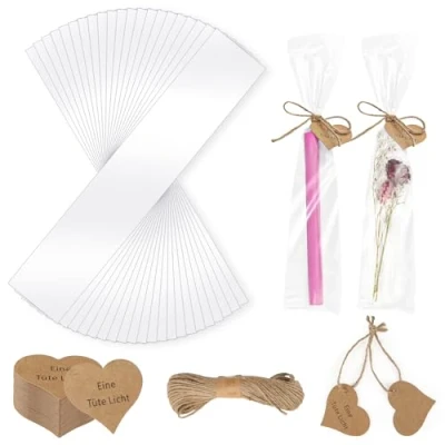 Imagen de 100Pcs Bolsas Celofan Transparente, Rectangulares OPP Bolsitas Plastico con 100 Etiquetas de Papel Kraft y Cuerda, Bolsa para Velas Fiesta Cumpleaños Envases Regalo Dulces