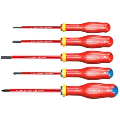 Imagen de FACOM Juego de 5 Destornilladores Aislados PROTWIST 1000V, Mango Soft Grip, Tratamiento Térmico, Suministrado en Caja, Tamaños: 3.5mm, 4mm, 5.5mm, PZ1, PZ2, ATD.J5VE.PB