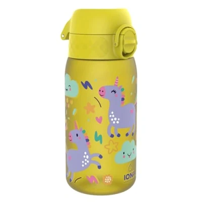 Imagen de ION8 Botella de Agua para Niños, 350ml, a Prueba Fugas, Fácil Abrir, Cerradura Segura, Apta Lavavajillas, Sin BPA, Asa Transporte, Limpiar, Neutro en Carbono, Unicornio Amarillo