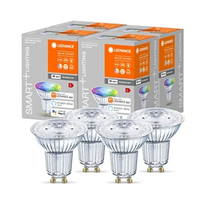 Imagen de LEDVANCE Lámpara reflectora LED inteligente con tecnología WiFi, base GU10, color de luz intercambiable(2700 6500K), colores RGB intercambiables, regulable, reemplazo 50W, SMART+ SPOT, paquete 4