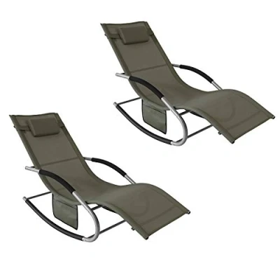 Imagen de SoBuy Set de 2 Tumbonas Mecedora con Almohada y Bolsillo Lateral Estructura Hierro Malla Transpirable Teslin soporta hasta 150 kg Marrón OGS28 BRx2 ES