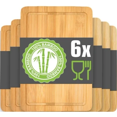 Imagen de DuneDesign Juego de 6: Tabla Cortar Pequeña 22x15 Platos para Tapas Bar Quesos y Aperitivos Bandeja Bambu Corte Madera Cocina Bandejas Servir Comida
