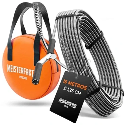 Imagen de Meisterfaktur Desatascador Tuberias 3.0 [15 m] muy Larga Espiral para Desatascar Atascos Graves y Difíciles ¡Limpiador de Desagües Tuberías Aficionados al Bricolaje!