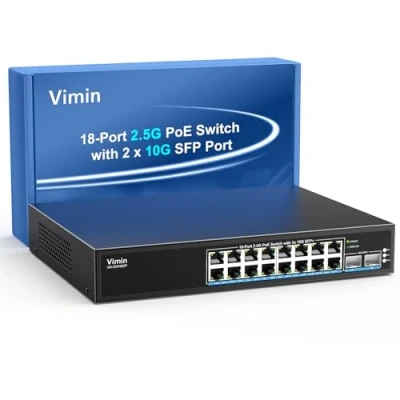 Imagen de Switch PoE VIMIN de 16 Puertos 2.5G no Administrado, 2.5GBase T, 2 10Gbps SFP, con Capacidad Conmutación Ethernet 120Gbps, IEEE802.3af/at, 220W