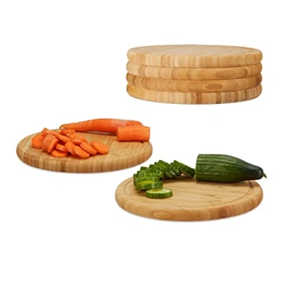 Imagen de Relaxdays Juego de Tablas Cortar para Cocina Redondas, Bambú, Beige, 2 x 25 cm, 6 Unidades