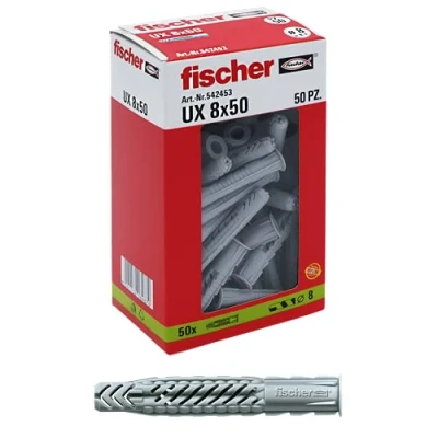 Imagen de Fischer 50 Tacos UX 8 x mm para Pared Maciza, ladrillo Perforado, cartón Yeso, 542453, Gris, Set Piezas