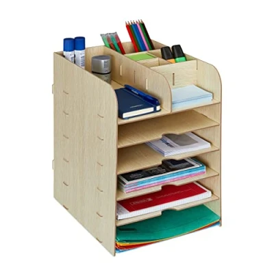 Imagen de Relaxdays Organizador Escritorio con Bandejas de Documentos, 12 Compartimentos, 34,5 x 25 32 cm, MDF, Marrón Claro, Tablero Fibras