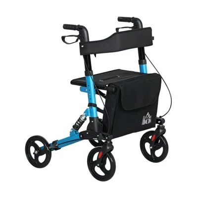 Imagen de HOMCOM Andador para Ancianos Plegable de Aluminio Personas Mayores con Asiento y 4 Ruedas Altura Ajustable Frenos Maneta Bolsa Transporte Azul Negro