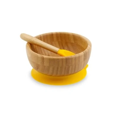 Imagen de BIOZOYG Juego de bols bambú redondo I bol con ventosa y cuchara Certificado FSC madera para niños Tazón papilla cereales bebés Vajilla redonda amarillo