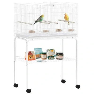 Imagen de PawHut Jaula para Pájaros con Divisor Pajarera Ruedas 4 Comederos Perchas y Bandeja Extraíble Loros Canarios Periquitos 76x46x116 cm Blanco