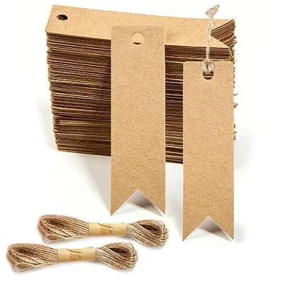 Imagen de Pequeñas etiquetas de regalo papel kraft marrón con cuerda, 200 piezas en blanco 7 x 2 cm, marrones para colgar equipaje, bolsas regalos, manualidades