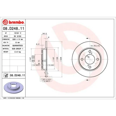 Imagen de BREMBO 08.D248.11 Disco de freno 228 9 4 macizo revestido SUZUKI: SWIFT 5, Baleno II Hatchback