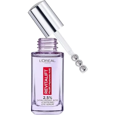Imagen de L&#039;Oréal Paris Sérum para ojos con 2,5% de ácido hialurónico y cafeína, relleno Revitalift, rellena, ilumina desinflama los 20 ml