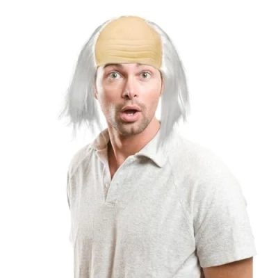 Imagen de XNIVUIS Peluca Blanca Calva de Abuelo Disfraz Hombre Semicalva Profesor Científico para Halloween Carnaval Fiesta (Blanco)