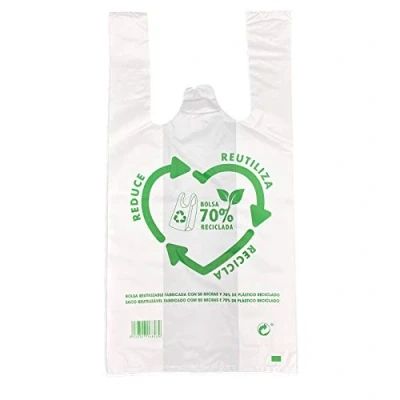 Imagen de ZCENTER Bolsas de Plástico Tipo Camiseta Resistentes, Reutilizables y Recicladas Tamaño 70% Cumple Normativa Aptas Uso Alimentario (Blanco 50x60)