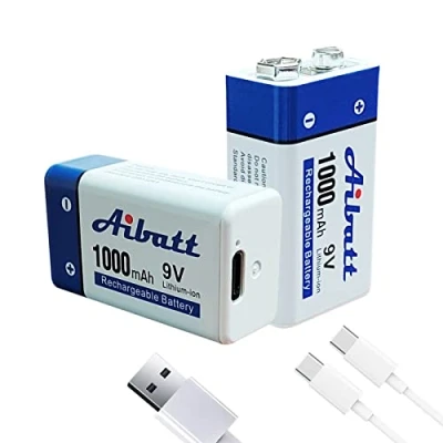 Imagen de Aibatt batería de 9 V, 1000 mAh, con conector carga tipo C, Li ION 6F22, recargable para micrófono, detector humo, juguete electrónico, talkie walkie, baterías una sola pieza V (2