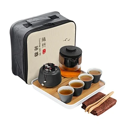 Imagen de fanquare Juegos de Té Japonés Kung Fu Negro para Adultos, Juego Chino Tradicional, Viaje Caliente con Una Tetera, 4 Tazas y 1 Bote