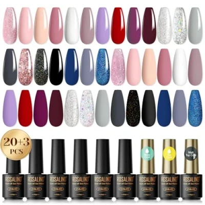 Imagen de ROSALIND 23Pcs Esmalte Semipermanente, 20 Colores Mini Rosa Nude Blanco Negro Azul Glitter con Set de Uñas Semipermanentes Principiantes Art DIY
